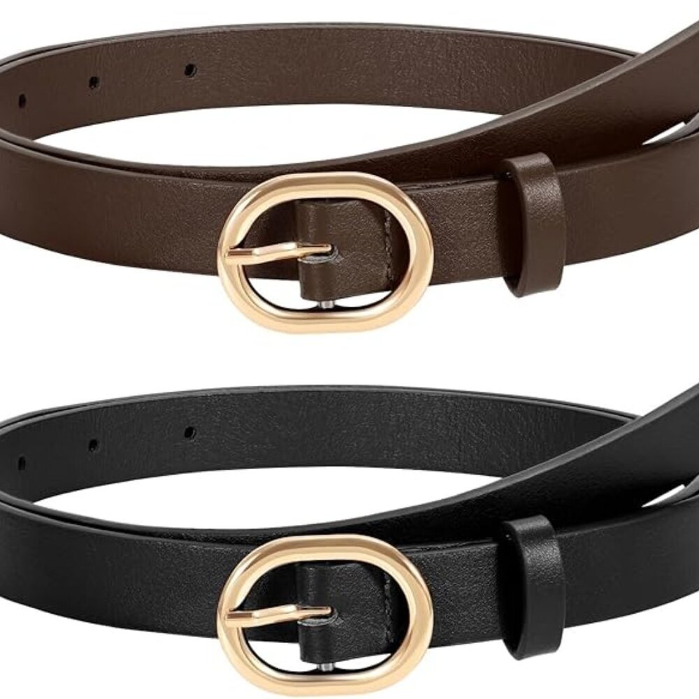 WERFORU 2 Pack Women Black & Brown Skinny Belt w/Gold Buckle waist - 37" to 41"